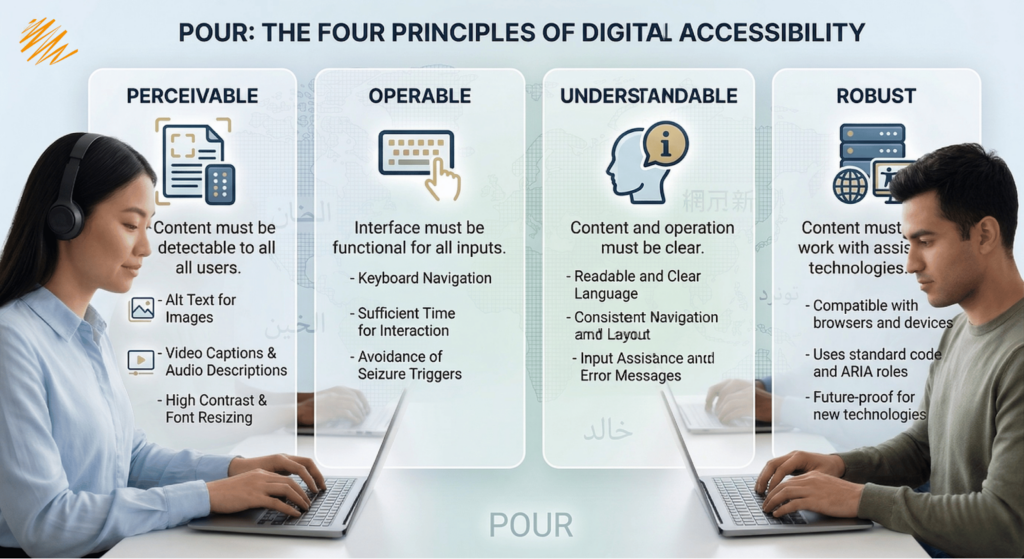 An infographic designed in the same style as image_0.png, breaking down the POUR principles into four columns: Perceivable, Operable, Understandable, and Robust, with modern icons.