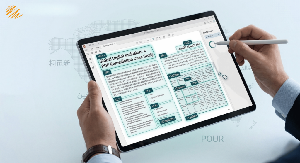 A conceptual conceptual photograph, matching the style of image_0.png and image_1.png, showing a business person's hands holding a tablet. The screen displays a complex PDF being 'remediated,' with glowing tagging structures (like <H1>, <P>) superimposed over Japanese and Arabic text blocks.