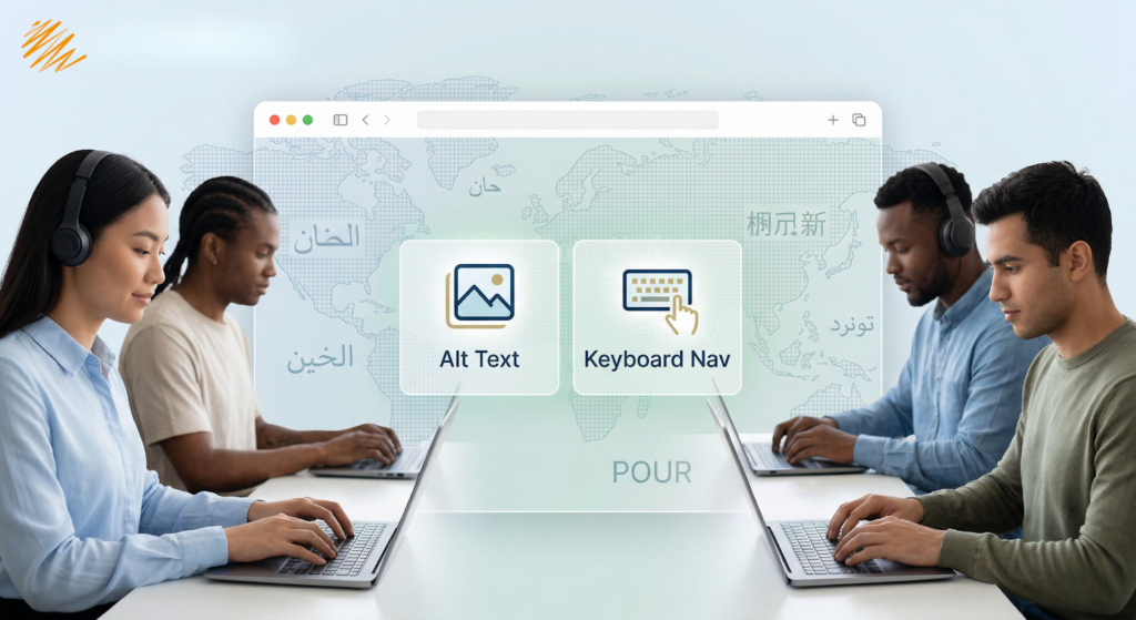 A diverse team of professionals working on laptops with a world map background and digital accessibility icons for Alt Text and Keyboard Navigation.