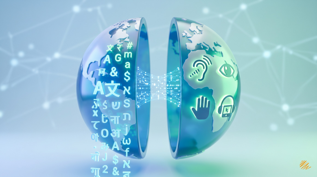 3D illustration of a split globe connecting diverse language characters with digital accessibility icons, representing inclusive translation services.