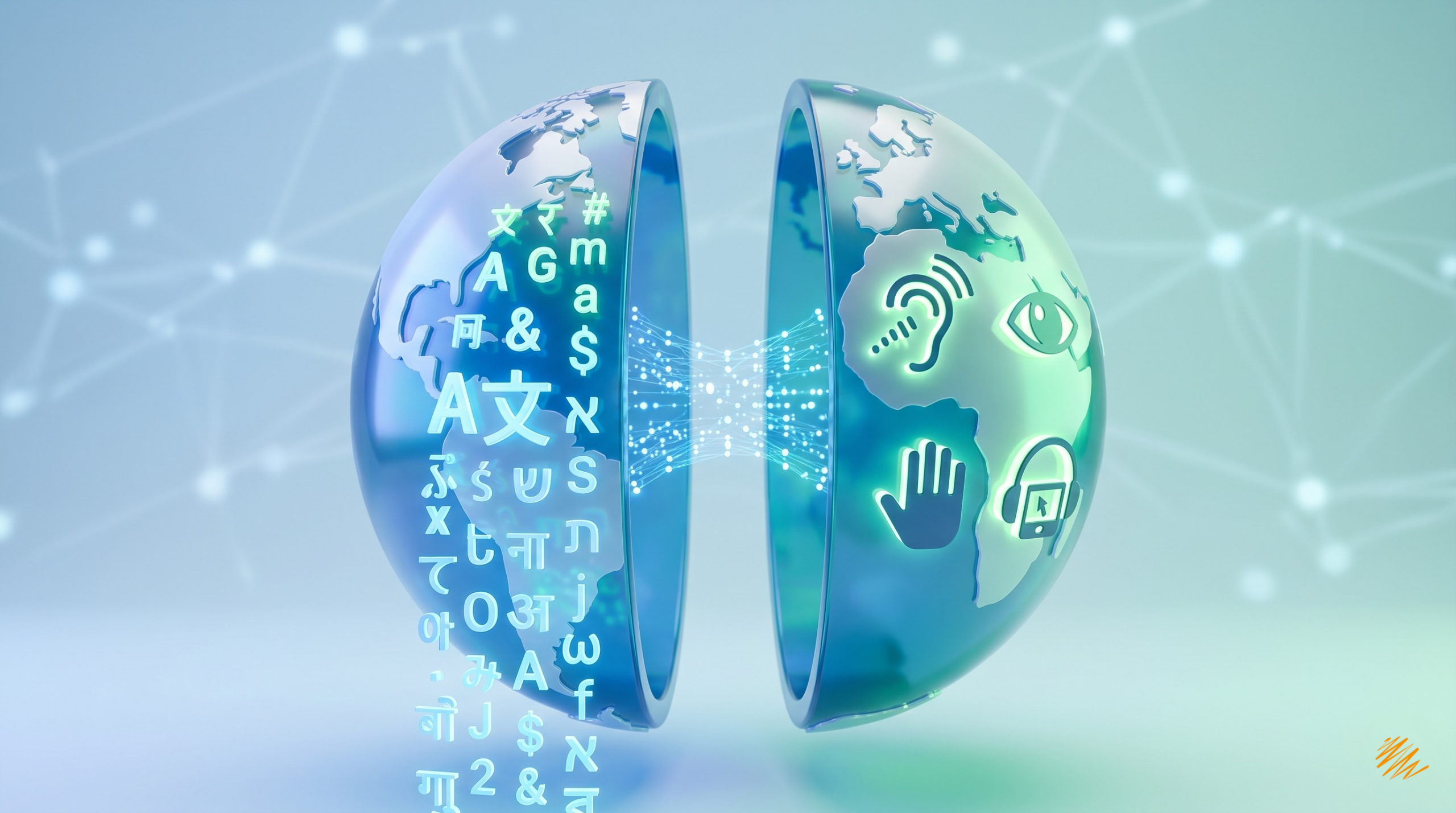3D illustration of a split globe connecting diverse language characters with digital accessibility icons, representing inclusive translation services.