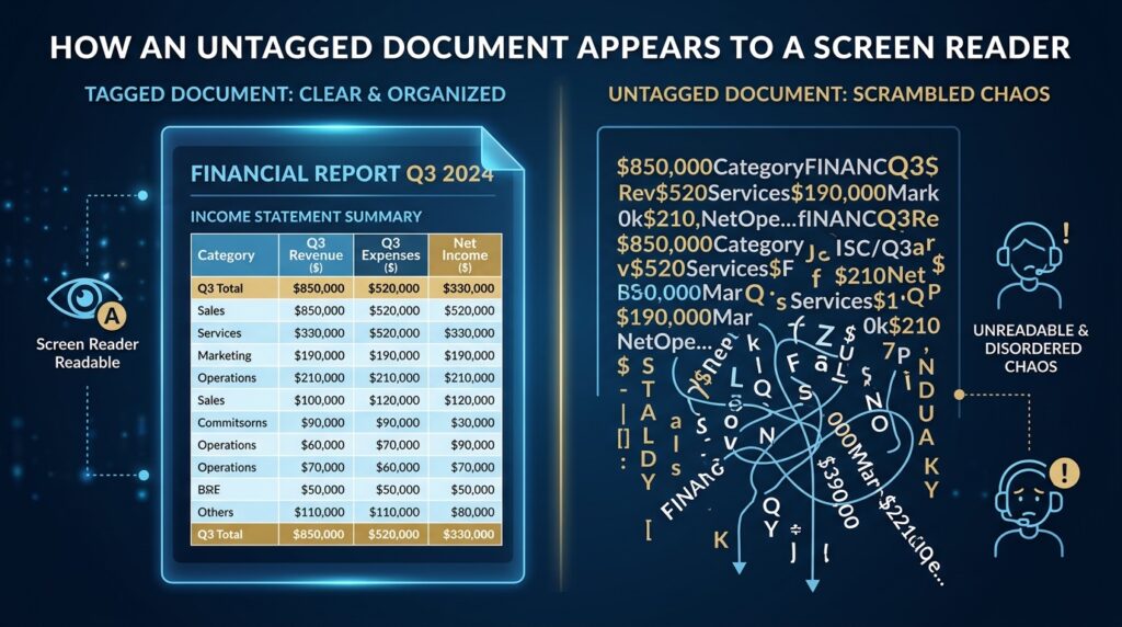An infographic comparing a neatly organized financial table on a tagged document versus scrambled, chaotic text on an untagged document.