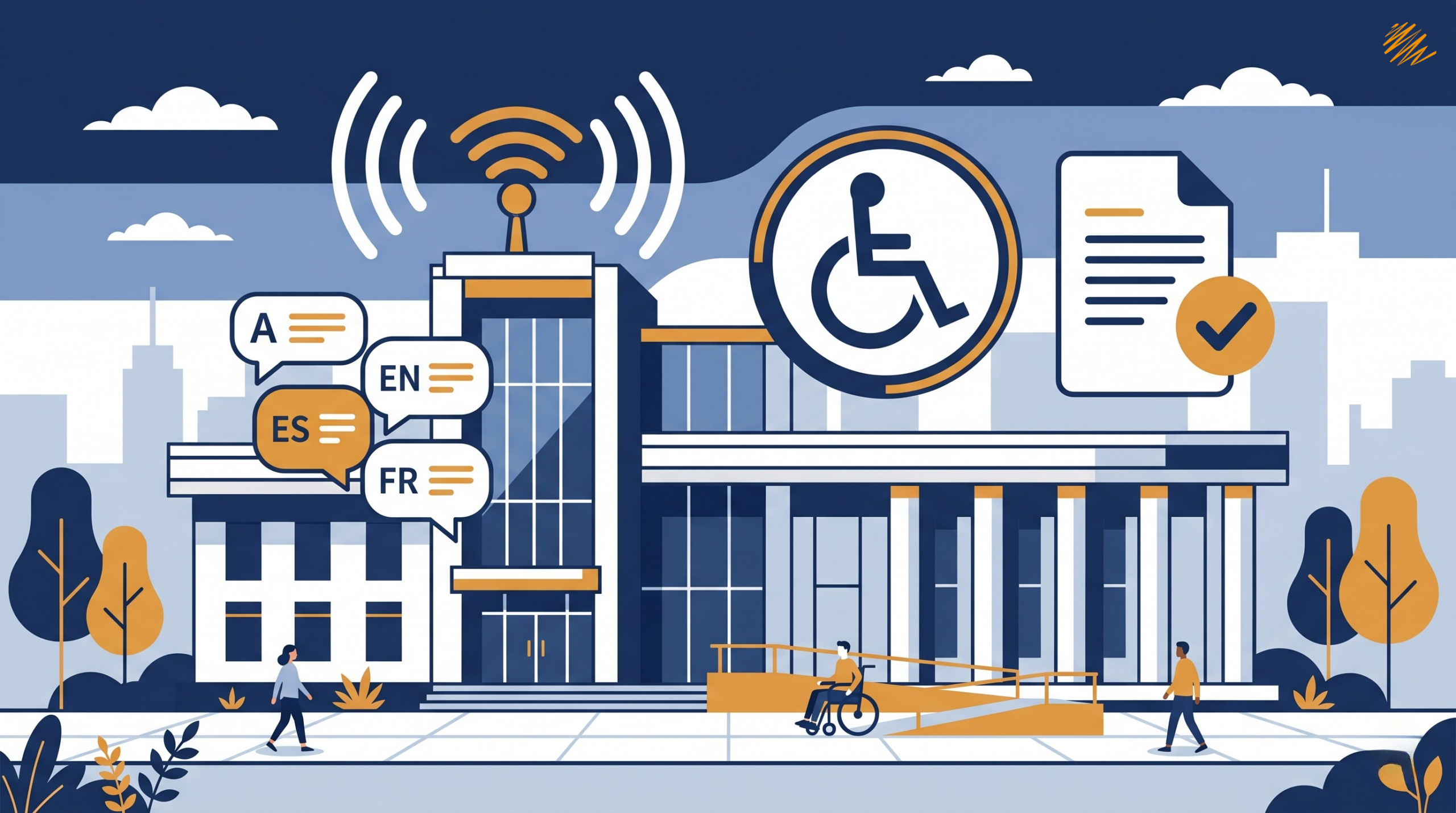 government accessibility compliance for public sector projects — multilingual building with wheelchair ramp, accessibility symbol, and document checkmark