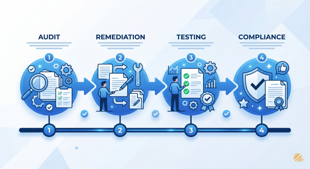 Timeline showing PDF accessibility remediation workflow from initial audit to final WCAG compliance validation