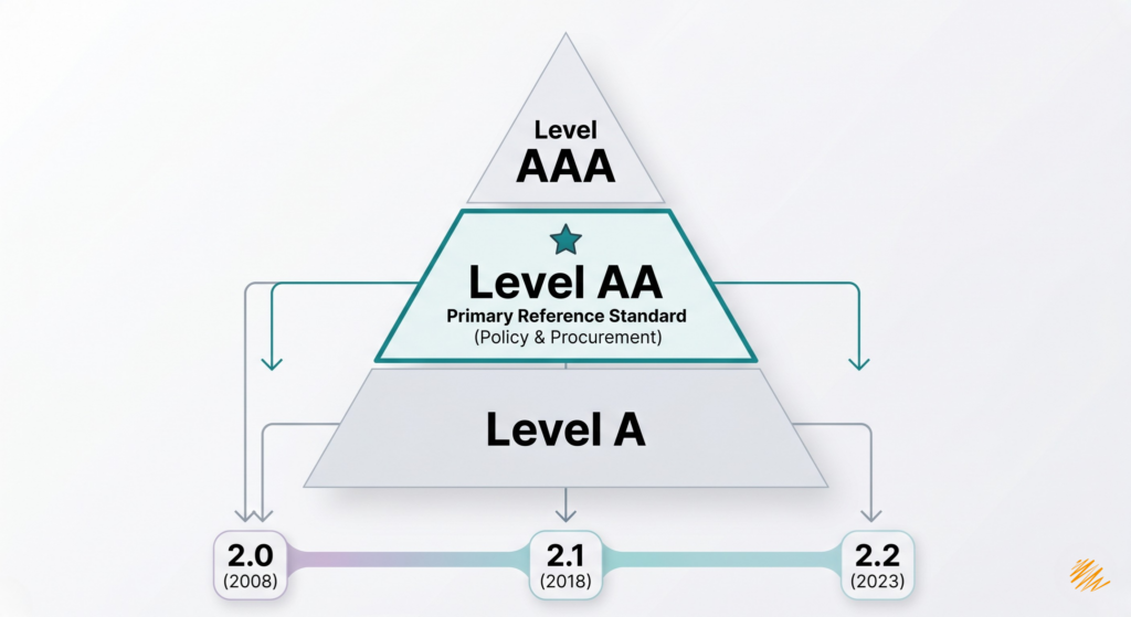 An infographic illustrating the WCAG structure. A layered pyramid shows conformance levels: A, AA, and AAA. An arrow highlights 'Level AA' as the 'Primary Reference Standard (Policy & Procurement)'. A timeline below shows the evolution of WCAG versions: 2.0 (2008), 2.1 (2018), and 2.2 (2023).