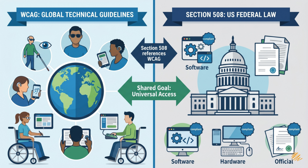 Infographic comparing WCAG Global Technical Guidelines to Section 508 US Federal Law. It shows diverse users with disabilities, the US Capitol, and their shared goal of Universal Access.