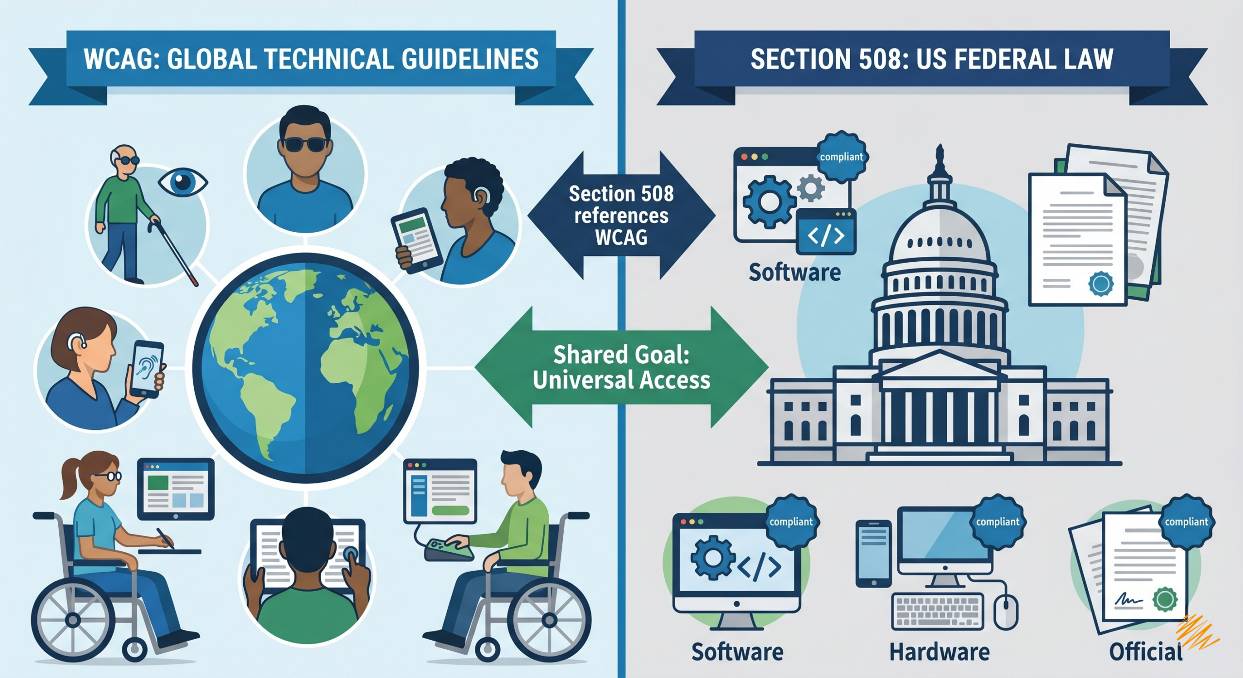 Infographic comparing WCAG Global Technical Guidelines to Section 508 US Federal Law. It shows diverse users with disabilities, the US Capitol, and their shared goal of Universal Access.