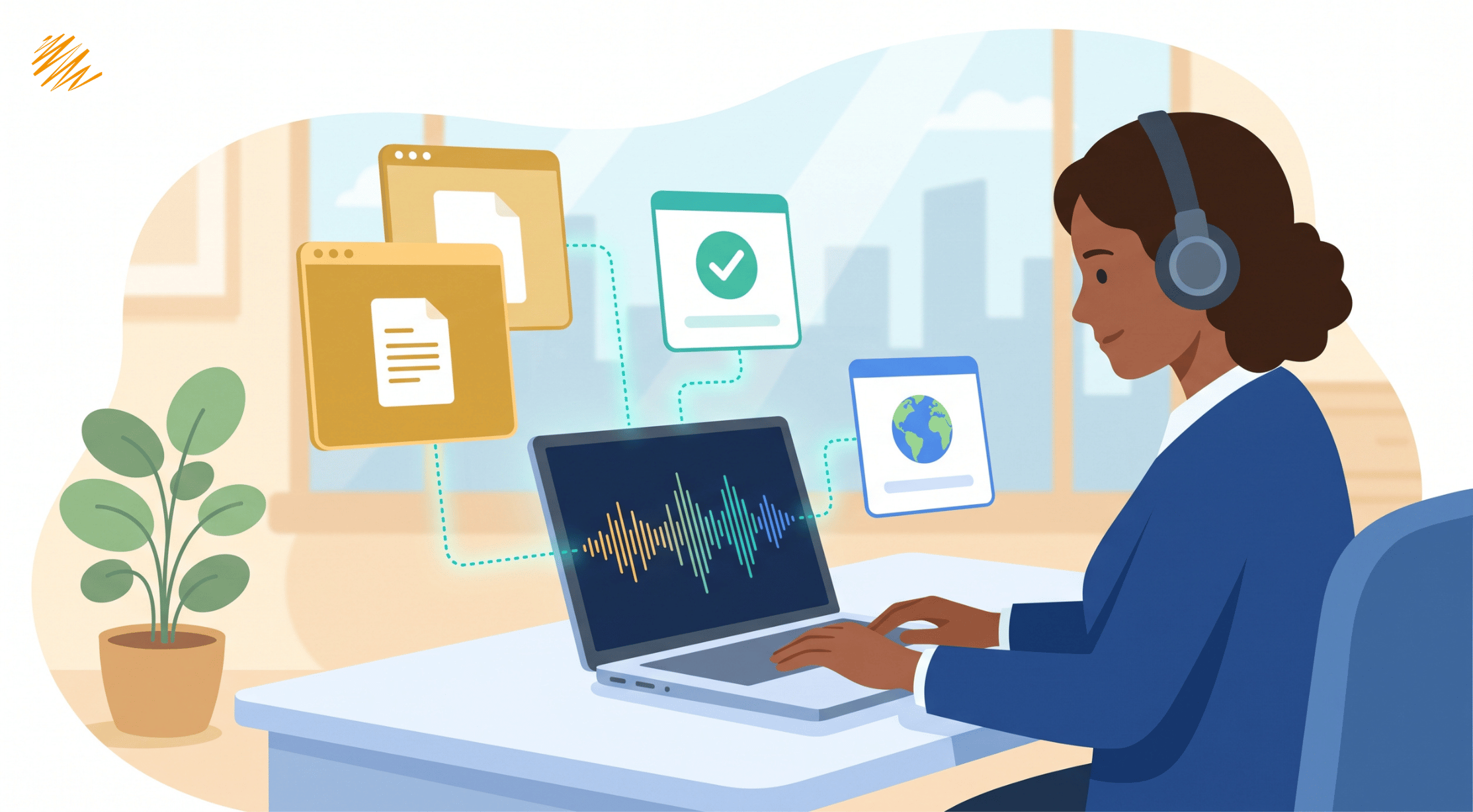 Professional transcribing audio content on a laptop