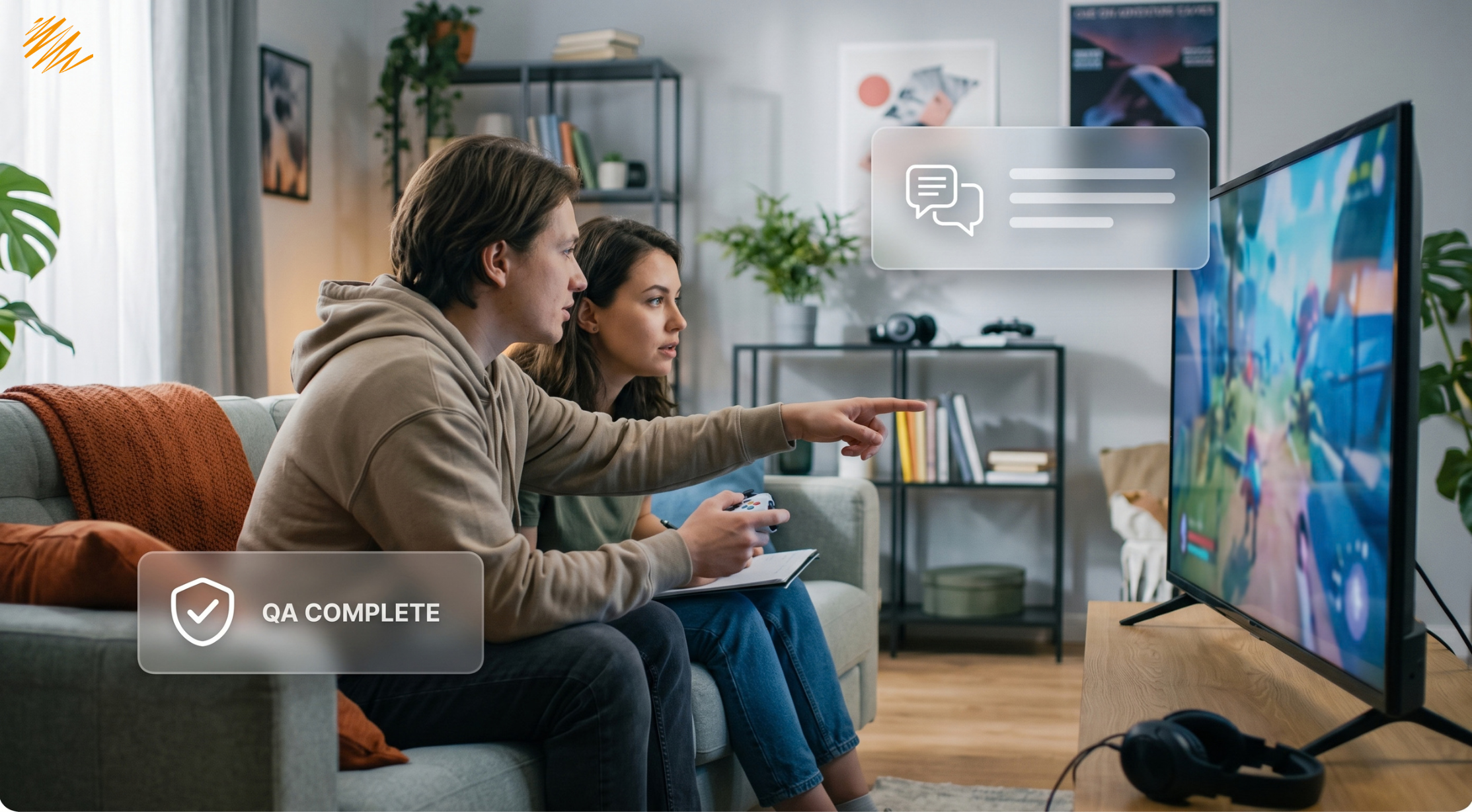 Two playtesters reviewing localized game with QA and language icons