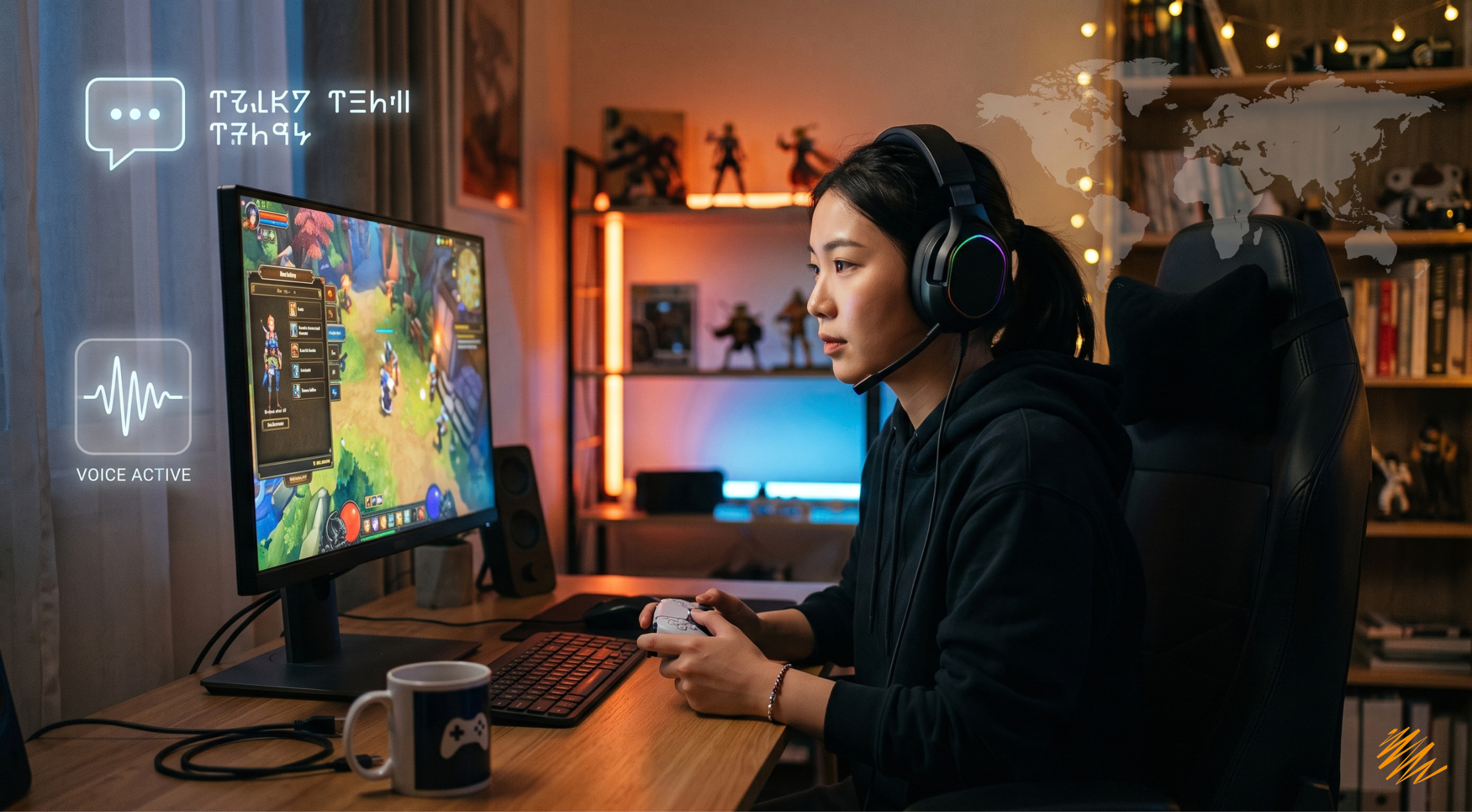 Gamer playing with translucent multilingual UI overlay representing game localization