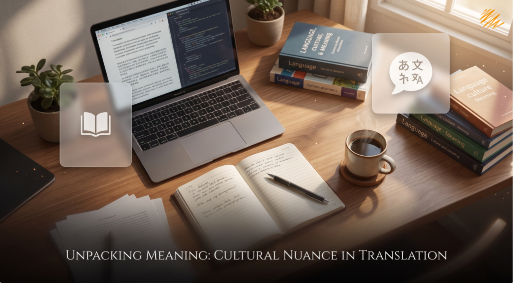 Translator's desk with book and laptop representing literary translation work