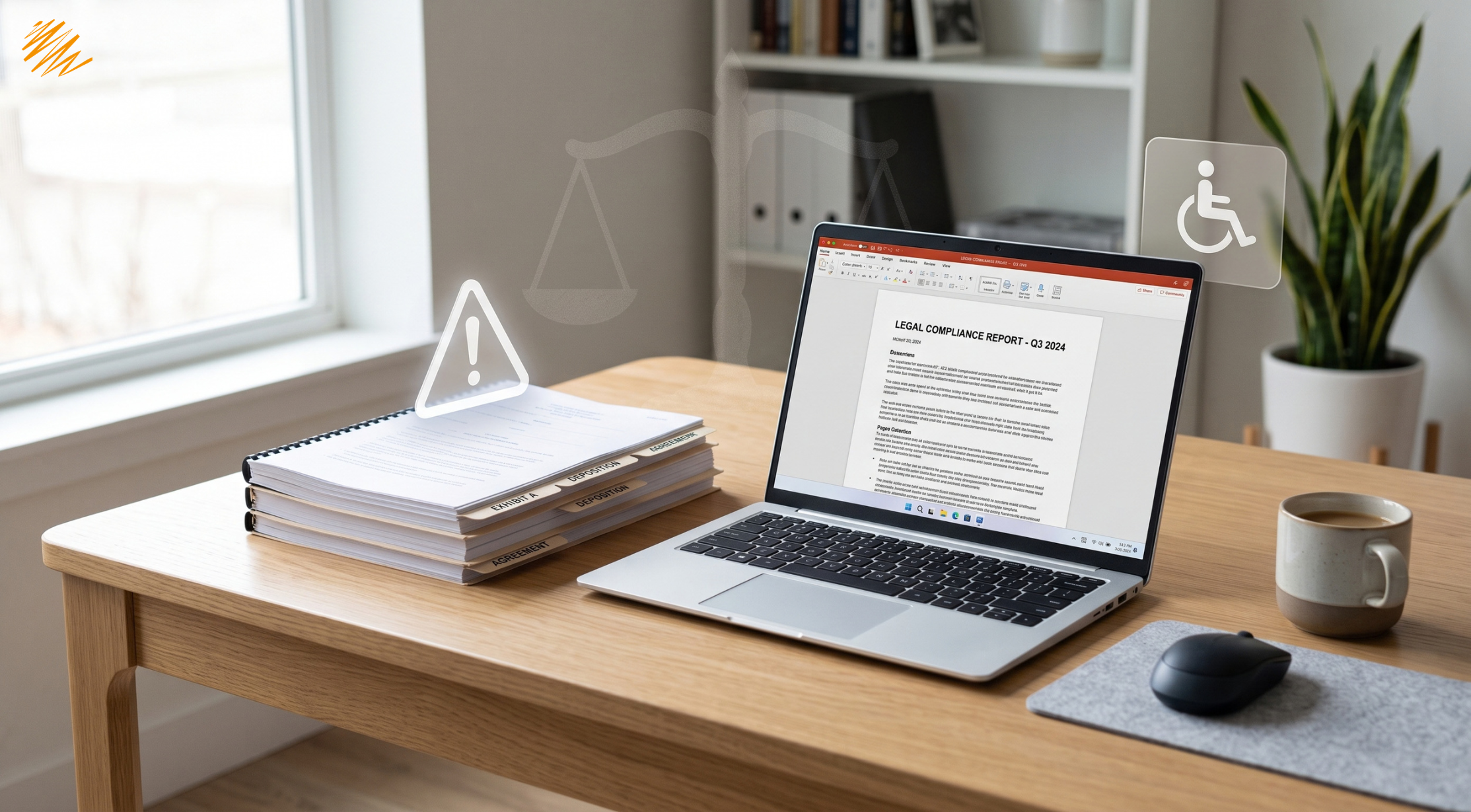 Documents and laptop with accessibility and legal risk icon overlay