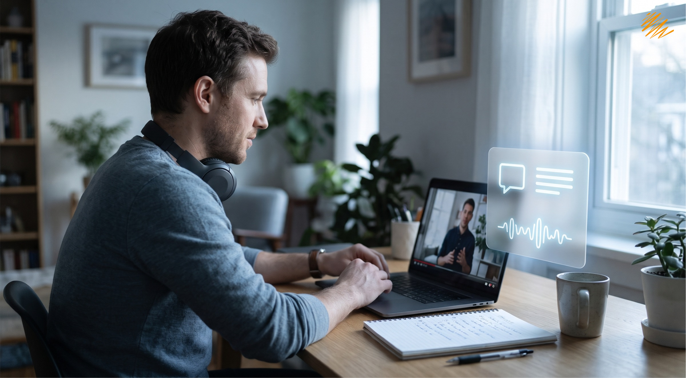 Person watching a training video with captions on a laptop while reading the transcript beside it