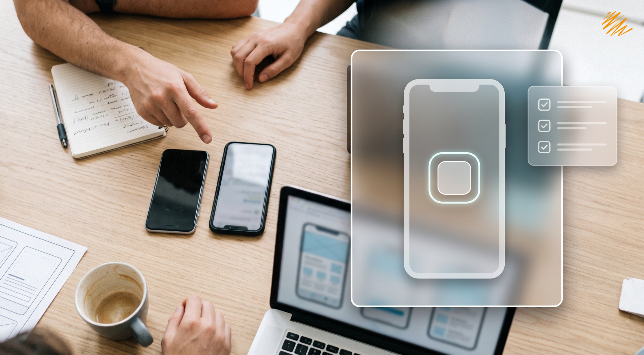 Product team reviewing mobile app accessibility on phones and a laptop