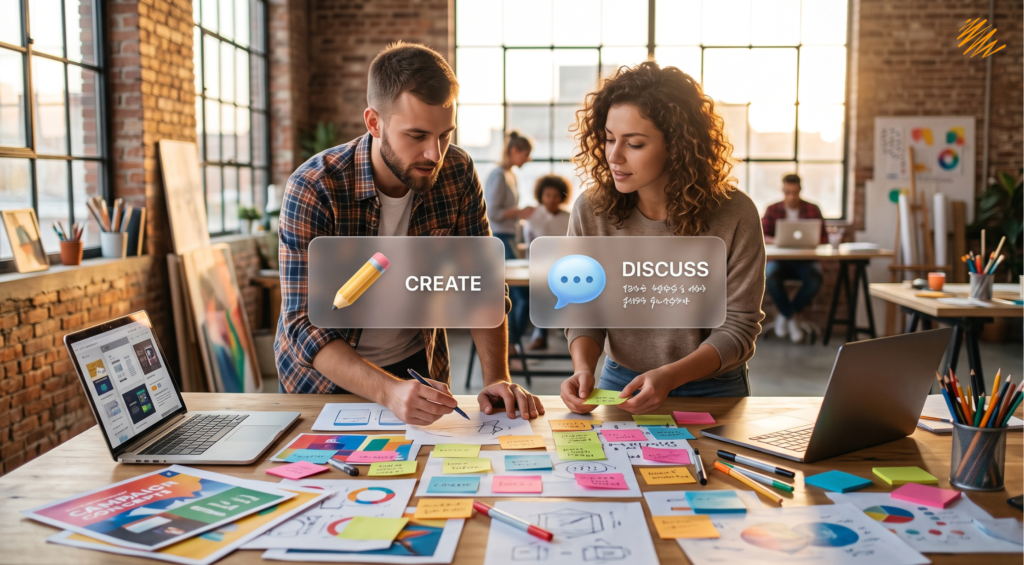 Creative team collaborating on multilingual campaign copywriting