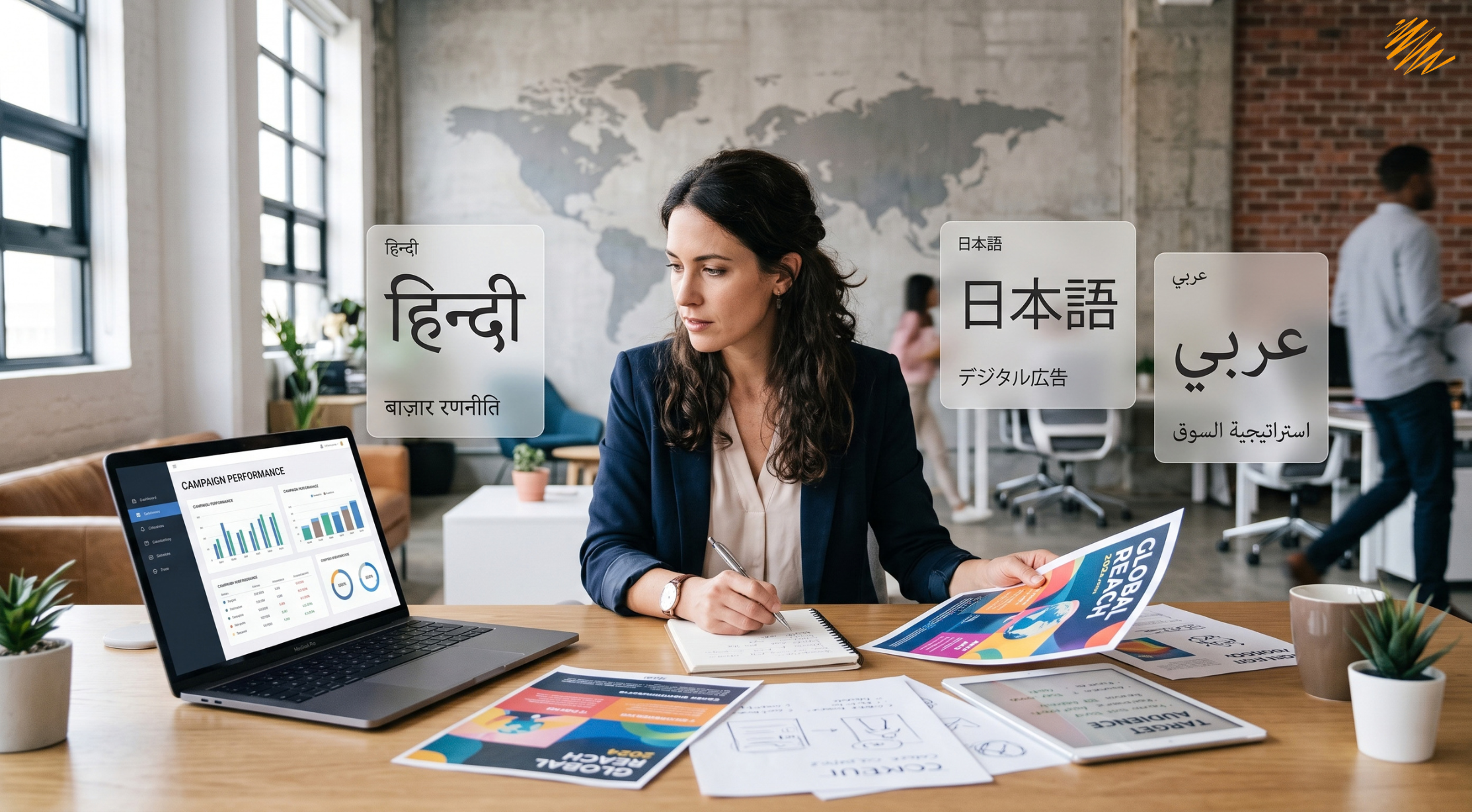 Marketer reviewing multilingual campaign copy across three markets